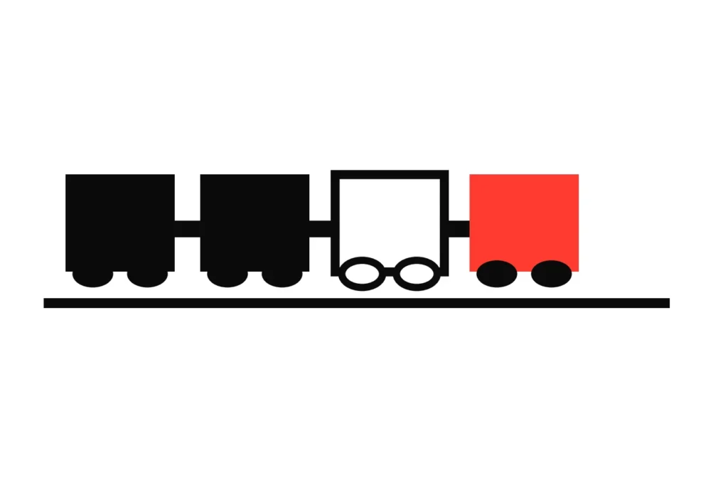 A train of four carriages on a rail with the third carriage empty, the bet running on past the void leg to a red carriage