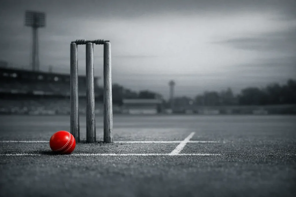 Cricket betting: stumps on an empty pitch with a red cricket ball on the crease