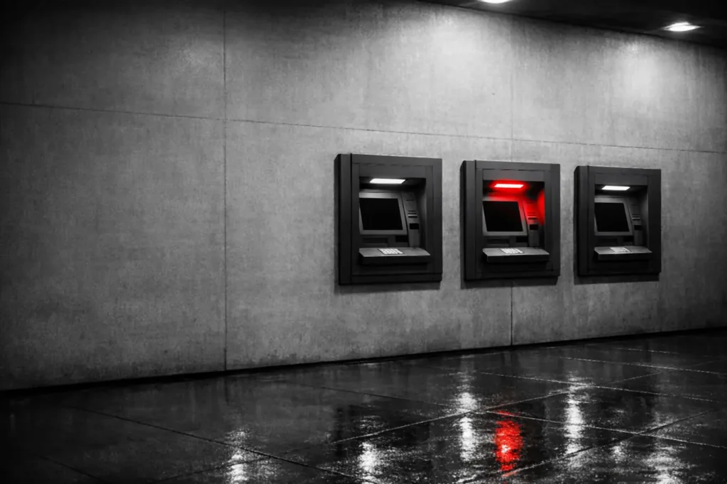 Fast withdrawal betting sites: three blank cash machines in a concrete wall, one with a red card slot light