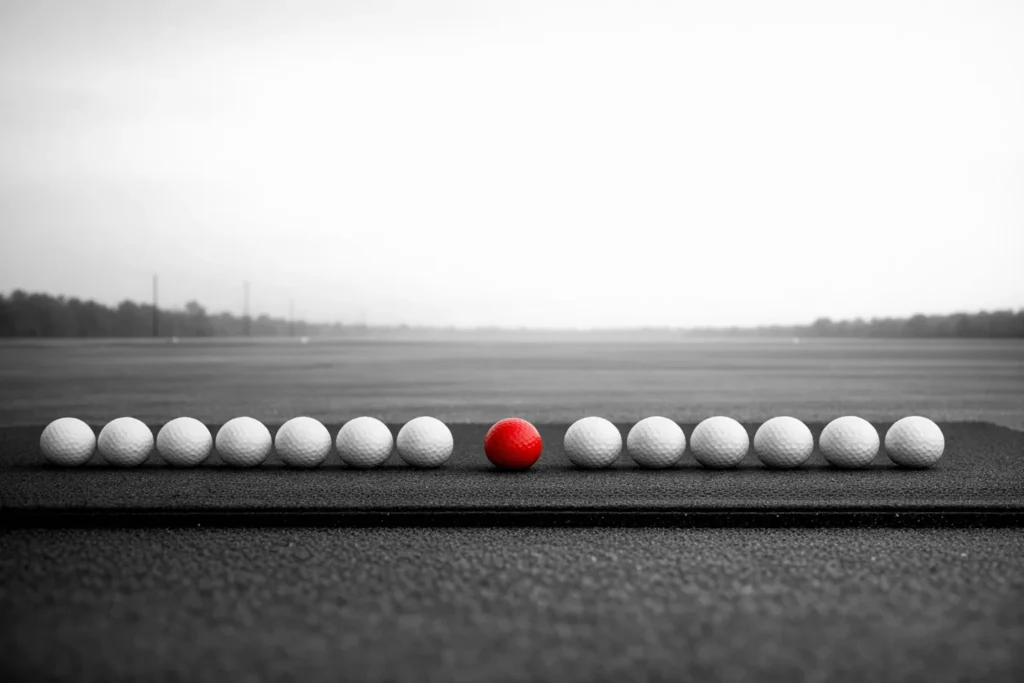 A row of white golf balls on a driving range mat, one ball in red, golf betting sites ranked on the outright margin
