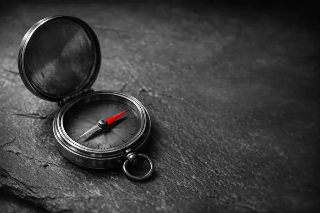 Brass pocket compass with a red needle on dark slate, for choosing between betting sites