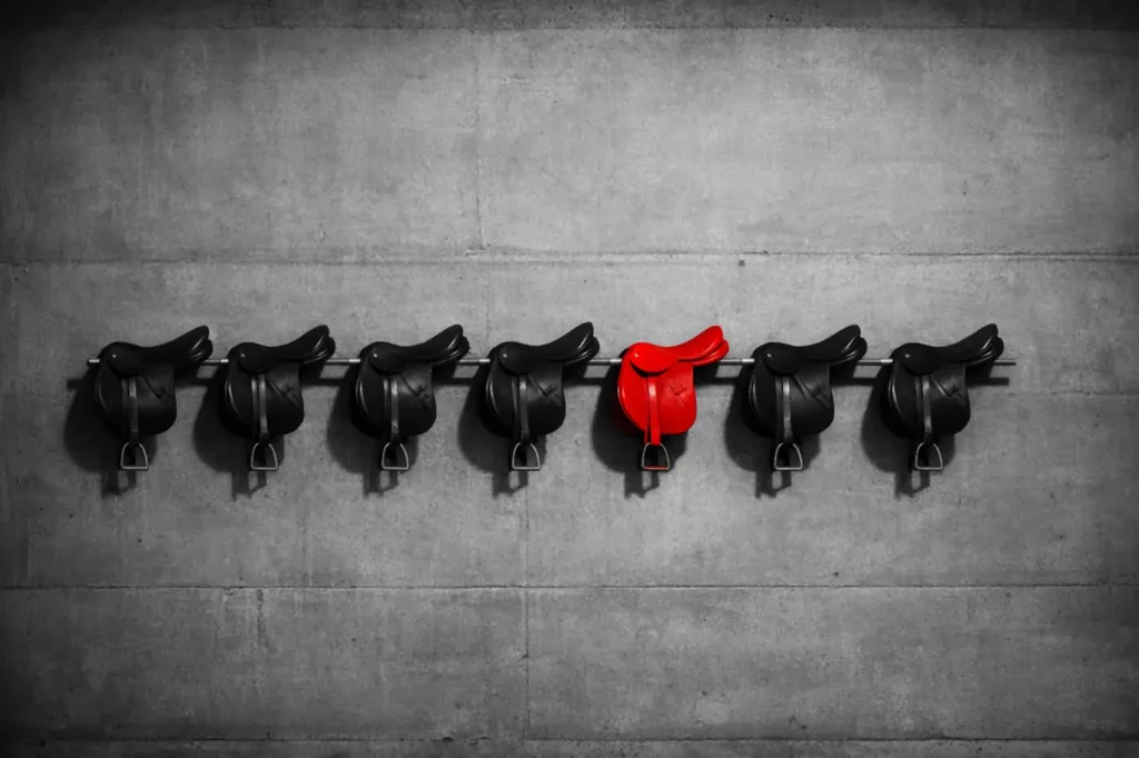 Seven racing saddles on steel pegs along a concrete weighing room wall, one saddle in red, horse racing betting sites ranked on price