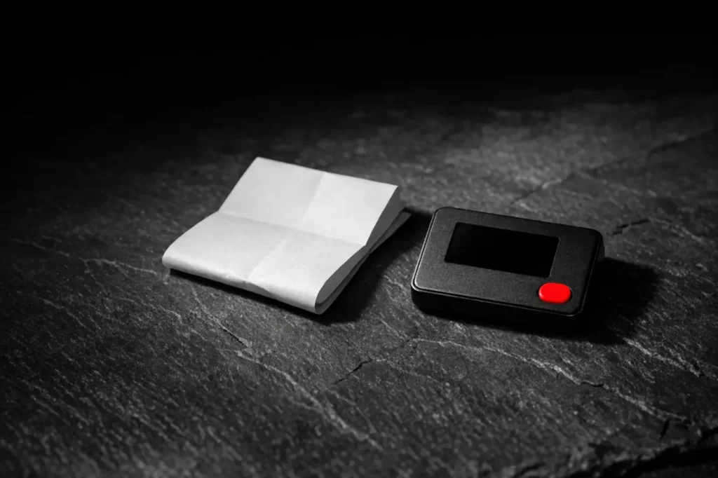 Crypto betting sites: an unbranded hardware wallet with a red button on a dark slate surface