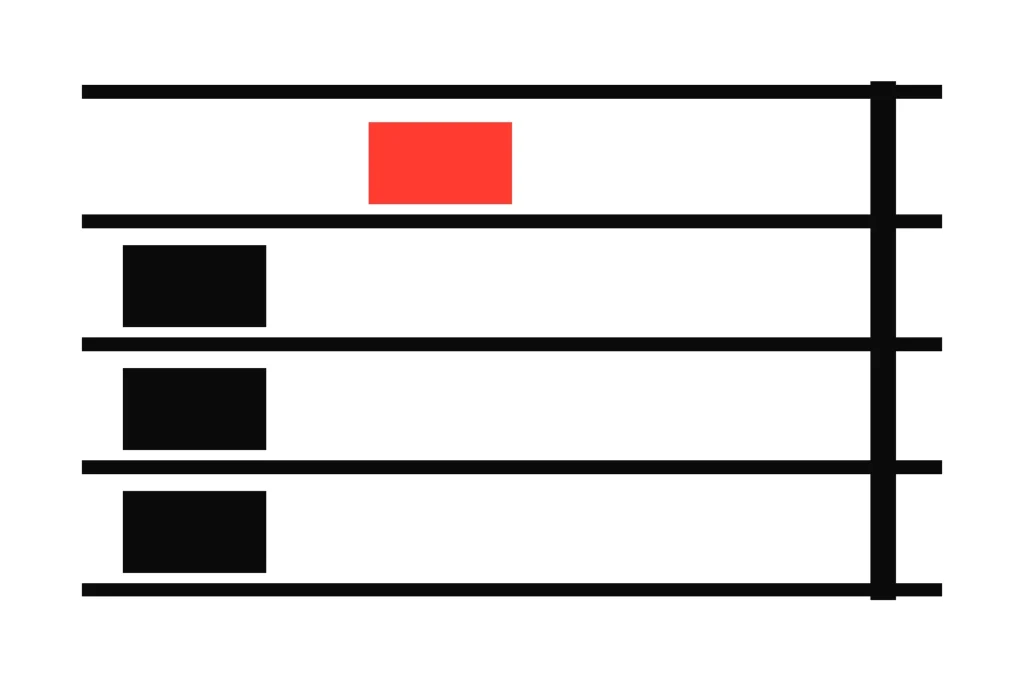 Four running lanes with starting blocks, one red block set further forward, the head start a point spread or handicap gives